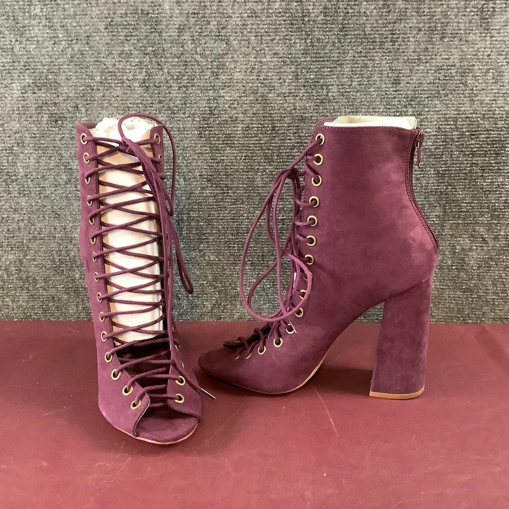 Liliana Plum Lace-Up Suede Block Heel Boots
